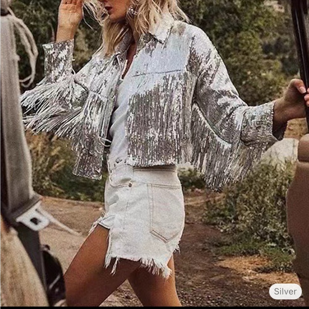 Silver Fringe Sequin Jacket & matching shorts